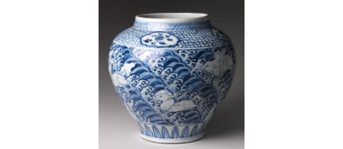 Porcelain Jar with cobalt blue under a transparent glaze (Jingdezhen ware). Mid-15th century. Metropolitan Museum of Art.