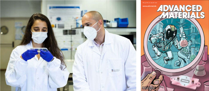 Left: Noemí Contreras-Pereda (ICN2) and Josep Puigmartí (IQTCUB-ICREA) with the microgravity Device. Credit: Xènia Fuentes/UB. Right: Image of the Advanced Materials front page, drawn by the comic illustrator Adrián Bago.