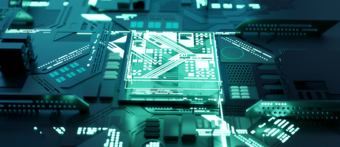 Futuristc glowing CPU processor. Quantum and maching learning computing concept. 3D illustration